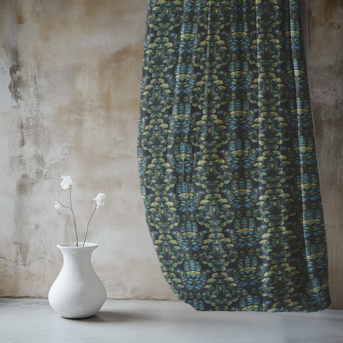 Sheer curtain panel featuring repeating pattern of golden yellow ginkgo leaves with teal hamsa-shaped botanicals on dark background. Linen-textured polyester fabric filters light while providing elegant window covering with protective botanical symbolism.